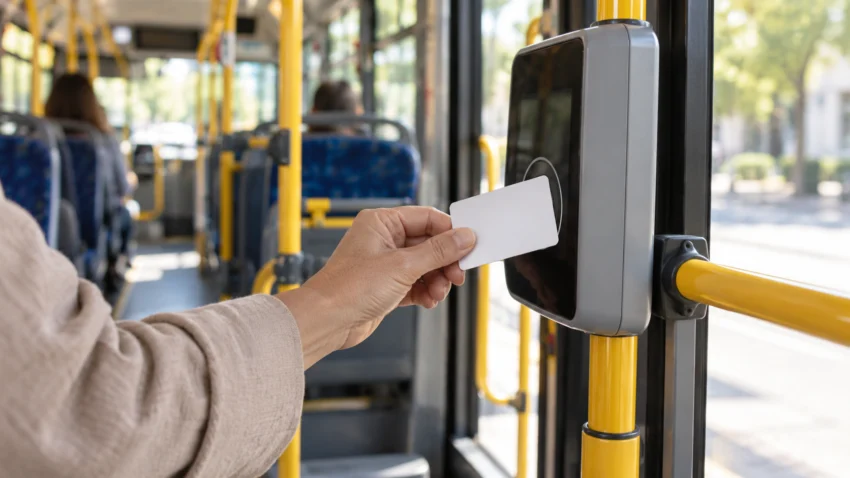 Blank card approaching a reader inside an unbranded city bus