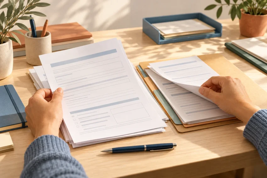 Editorial illustration of hands arranging forms and documents on a desk