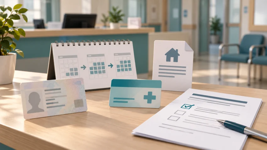 Ilustración conceptual de un mostrador sanitario con documentos neutros, calendario de tres meses y tarjeta genérica