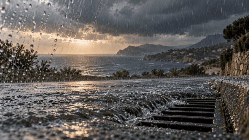 Imatge conceptual de pluja intensa sobre una carretera costanera mediterrània i un desguàs