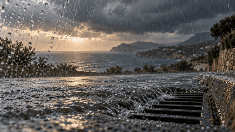 Imagen conceptual de lluvia intensa sobre una carretera costera mediterránea y un desagüe