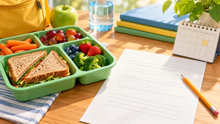 Bandeja escolar, formulario y calendario como símbolos de la ayuda de comedor