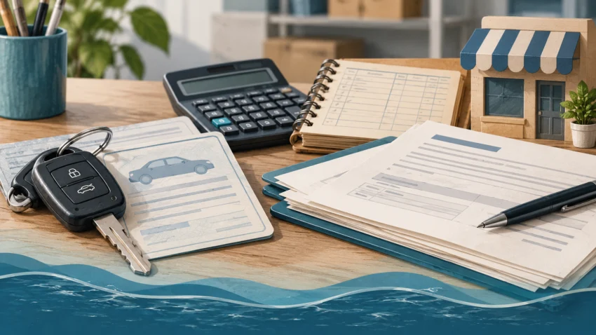Llaves de coche y documentos de solicitud junto a la contabilidad de un pequeño negocio, ilustración editorial