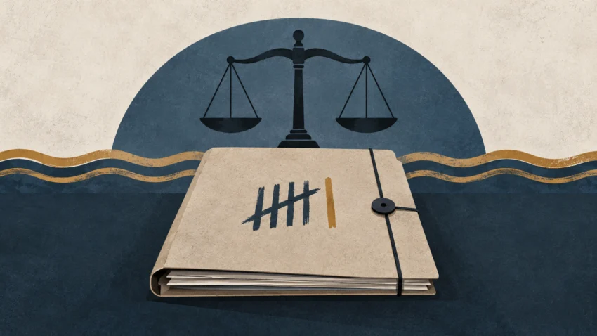 Il·lustració editorial d’un expedient judicial, una balança i una marca afegida sobre línies d’aigua