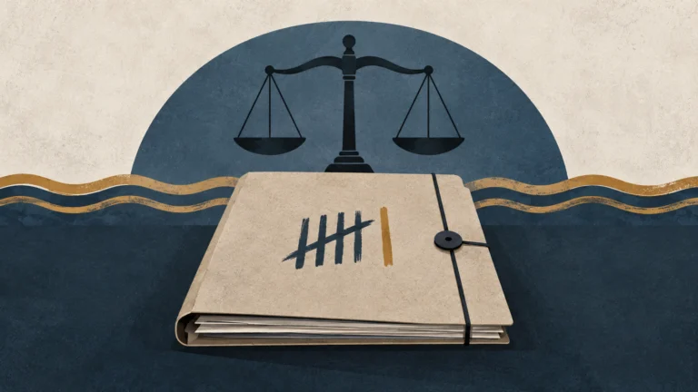Ilustración editorial de un expediente judicial, una balanza y una marca añadida sobre líneas de agua