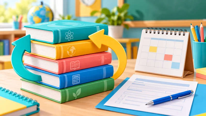 Libros escolares genéricos, flechas de devolución, calendario y formulario sin datos reales