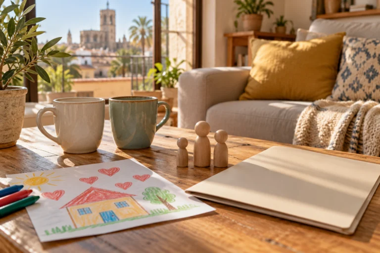 Child’s drawing, folder and wooden figures in a family living room