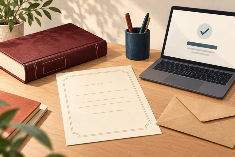 Conceptual illustration with registry book, blank certificate, computer and postal envelope