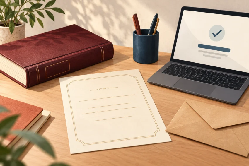 Conceptual illustration with registry book, blank certificate, computer and postal envelope