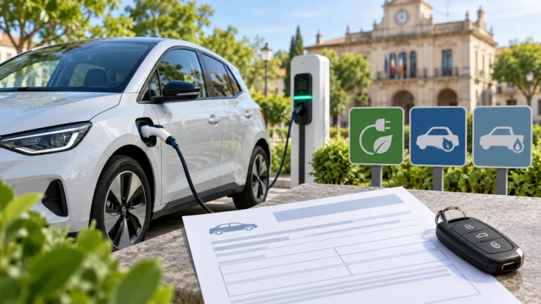 Cotxe elèctric carregant al costat d’una clau i un formulari sense dades