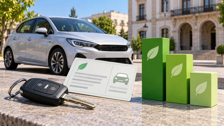 Cotxe genèric, clau, fitxa sense dades i blocs verds descendents
