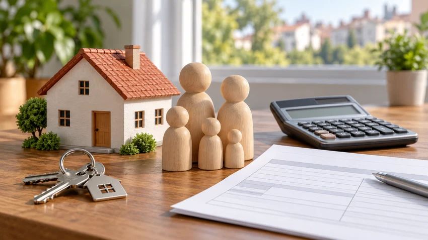 Casa en miniatura, cinco figuras familiares, llaves y formulario sin datos