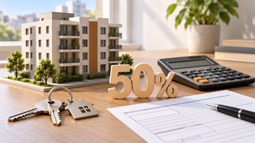 Edificio residencial en miniatura, llaves, calculadora y formulario sin datos