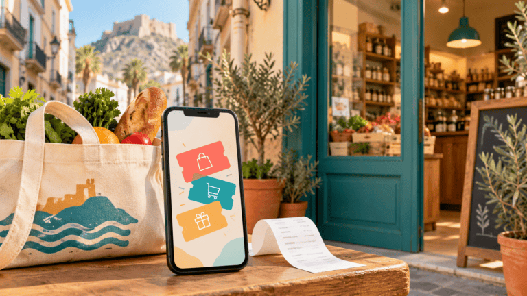 Imagen conceptual de bonos de compra en un teléfono junto a una bolsa y un comercio de barrio