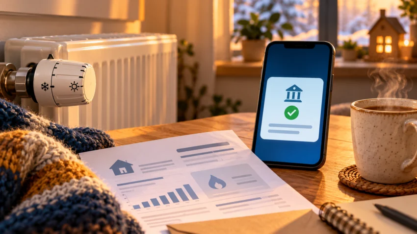 Radiador, factura y aviso bancario como símbolos del bono social térmico