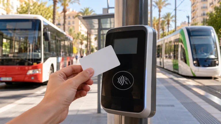 Tarjeta sin marca ante un validador con autobús y tranvía al fondo