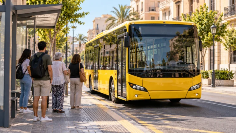 Autobús urbano amarillo sin logotipos llegando a una parada accesible