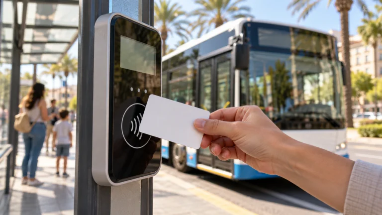 Tarjeta de transporte sin marca ante un validador y un autobús urbano