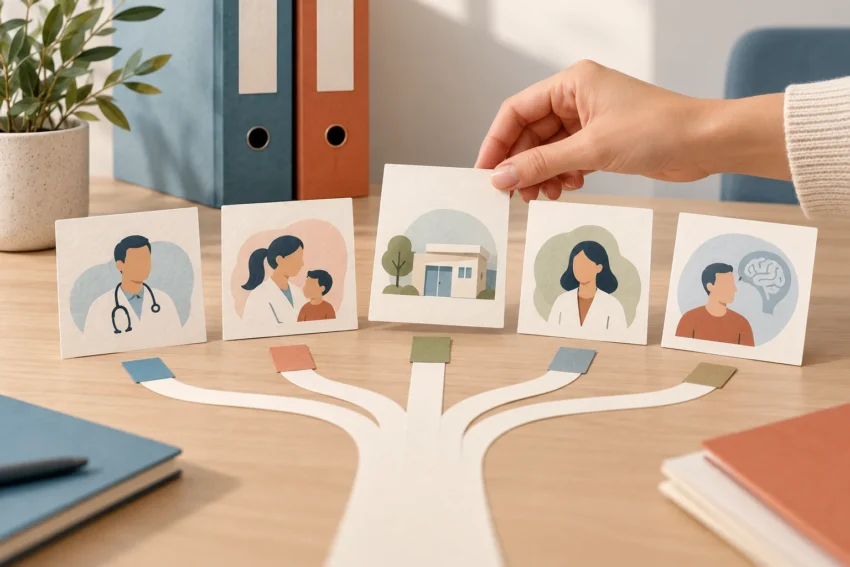 Il·lustració editorial d’una mà triant entre diverses targetes que representen professionals i centres sanitaris