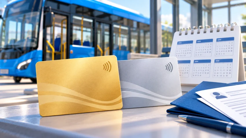 Gold and silver cards, bus and calendar symbolising Castelló Activa’t