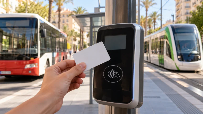 Unbranded card at a validator with a bus and tram behind