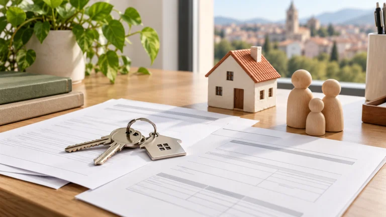 Keys, blank documents, a house model and wooden family figures