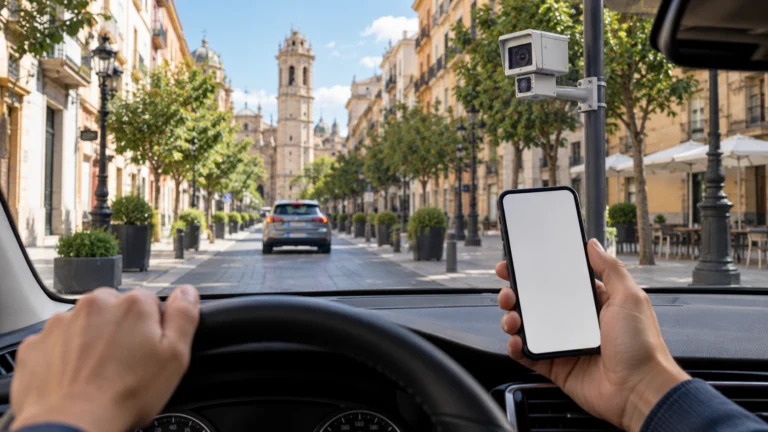 Traffic camera and blank phone viewed from inside a vehicle