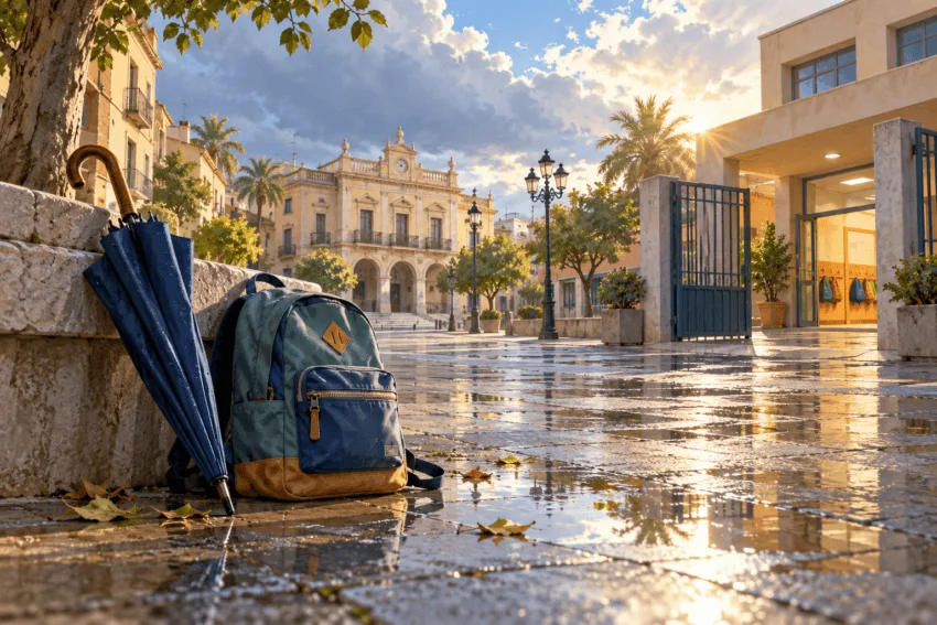 Ilustración editorial de una mochila y un paraguas ante un colegio que reabre después de la lluvia