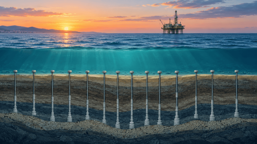 Il·lustració editorial en secció de la mar amb tretze pous submarins segellats i una plataforma a l’horitzó