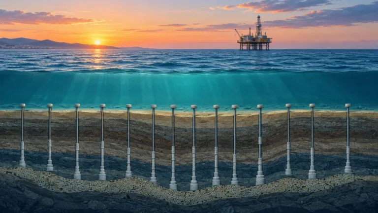 Ilustración editorial en corte del mar con trece pozos submarinos sellados y una plataforma en el horizonte