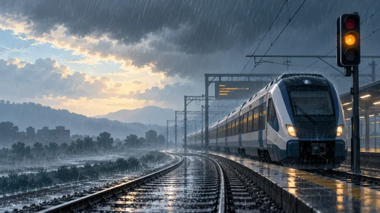 Ilustración editorial de un tren de cercanías detenido junto a una señal ámbar bajo lluvia intensa