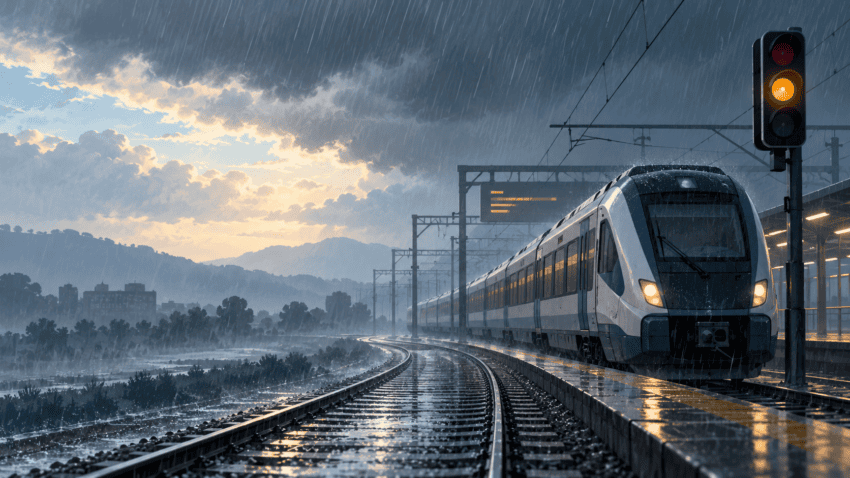 Ilustración editorial de un tren de cercanías detenido junto a una señal ámbar bajo lluvia intensa
