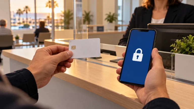 Identificación sin datos y móvil con un candado ante un mostrador