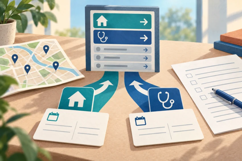 Conceptual illustration of two healthcare routes, generic map, appointment cards and blank form
