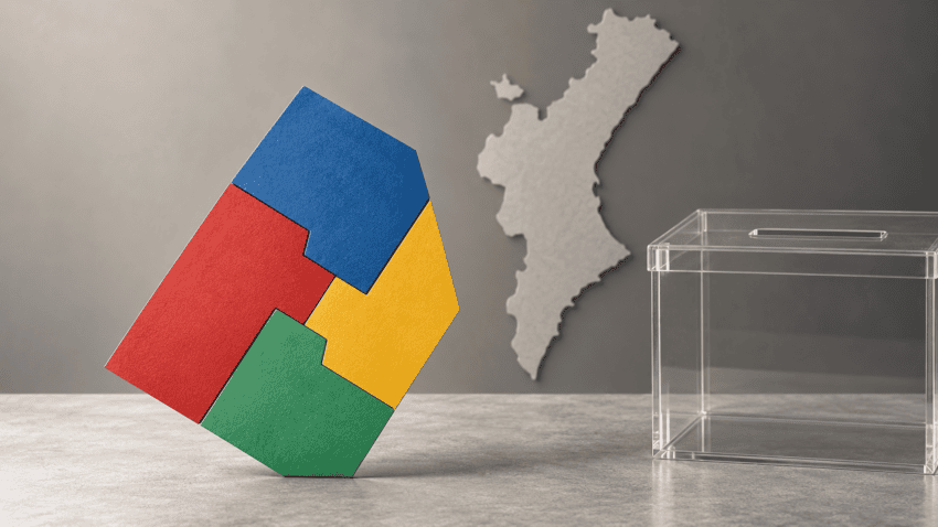 Imatge conceptual de quatre peces de colors unides al costat d’una urna i un mapa de la Comunitat Valenciana