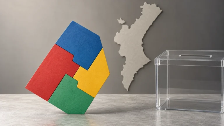 Conceptual image of four coloured pieces joined beside a ballot box and Valencian Community map