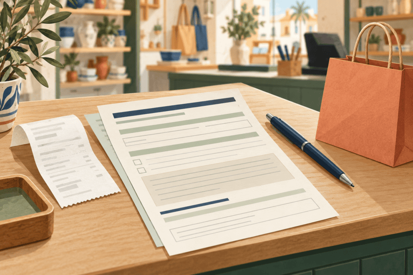 Editorial illustration of a generic complaint form, receipt, pen and unbranded shopping bag