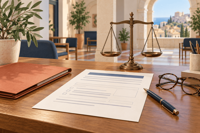 Editorial illustration of a generic application form, scales, folder and reading glasses
