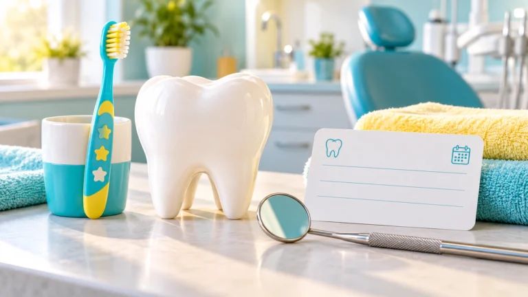 Cepillo infantil, modelo dental y espejo como símbolos del programa bucodental público