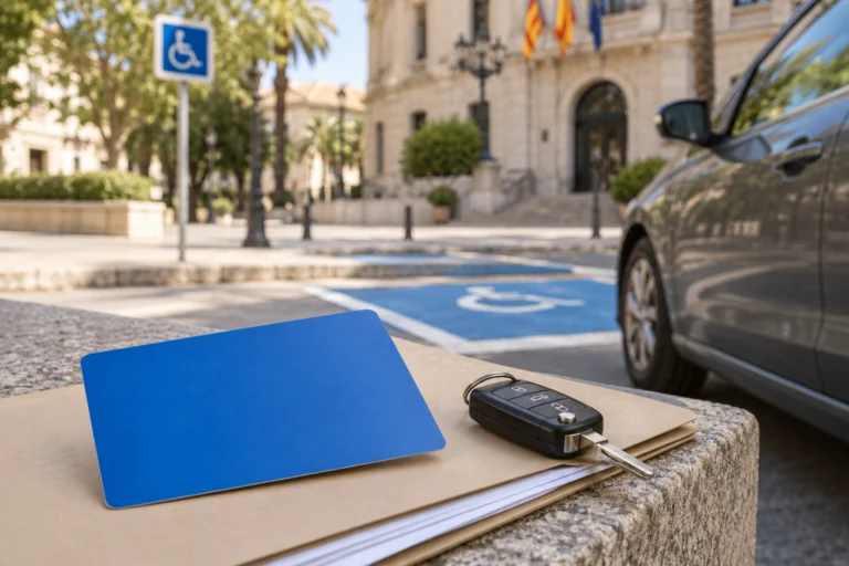 Blank blue card and car key beside an accessible parking bay