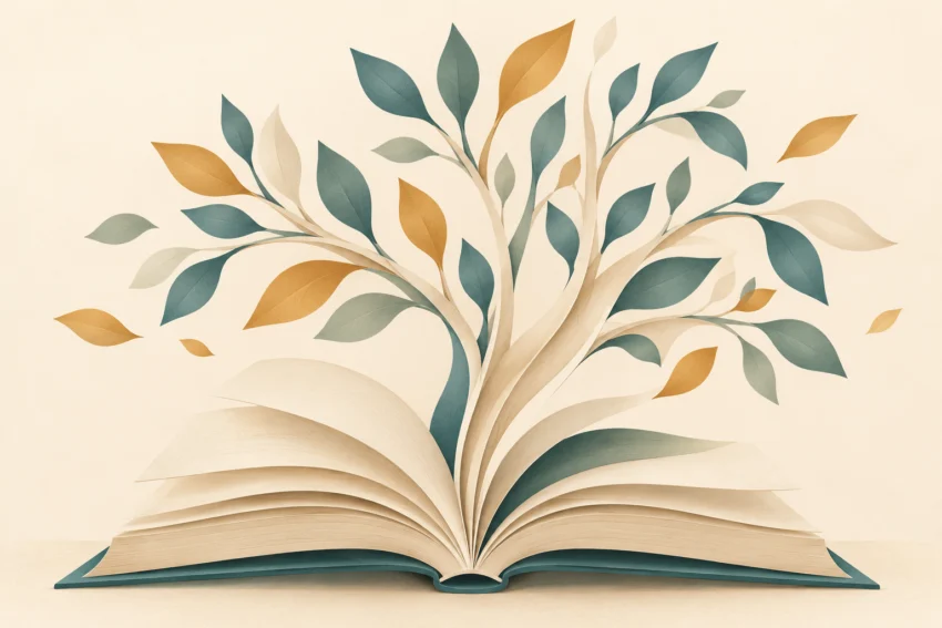 Un llibre obert es transforma en un arbre de fulles de paper, metàfora del coneixement compartit.