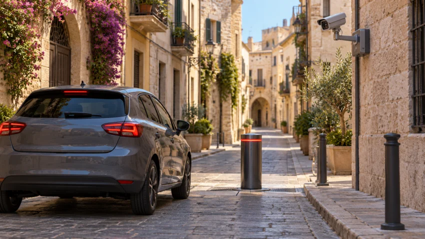 Car facing a bollard and camera on a generic historic street