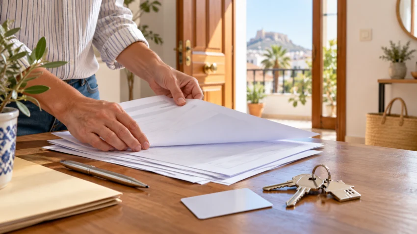 Documents en blanc i claus sobre una taula d’un habitatge mediterrani