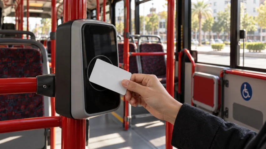 Blank card being validated inside an unbranded red city bus
