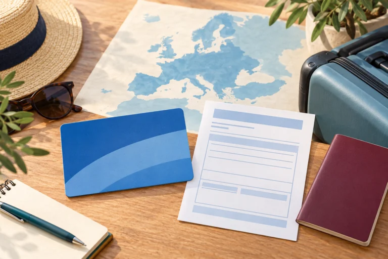 Conceptual illustration with neutral health card, blank certificate, European map and luggage