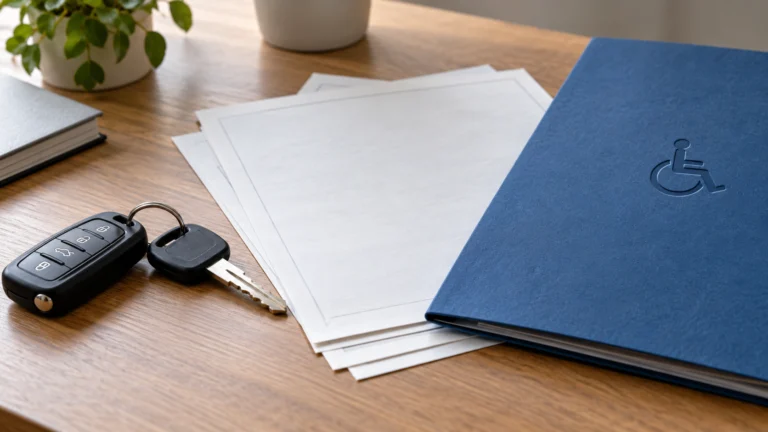 Claus, papers sense dades i carpeta amb símbol d’accessibilitat