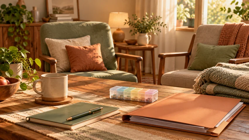 Two chairs, medication organiser and folder symbolising family care at home