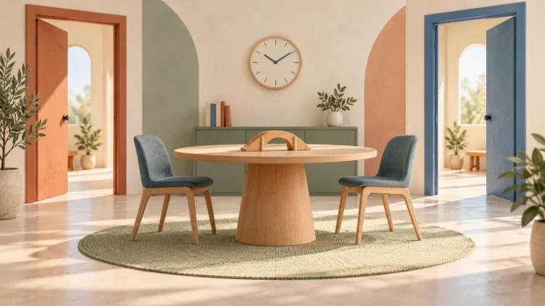 Empty conceptual room with two doors, a table, two chairs, a clock and a small wooden bridge