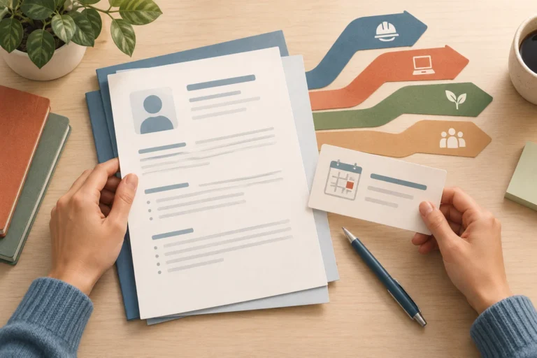 Editorial illustration of a CV and appointment card connected to several career paths