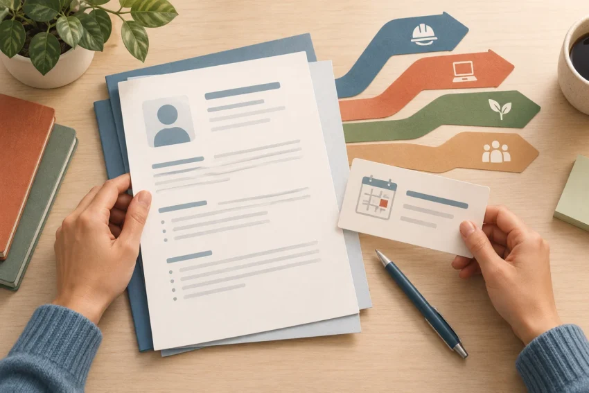 Editorial illustration of a CV and appointment card connected to several career paths